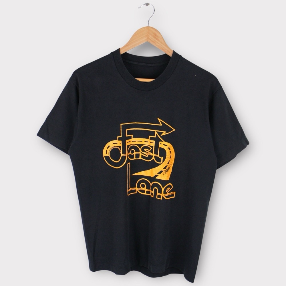 Vintage 90s Fast Lane Graphic T-Shirt Black Single Stitch Crew Neck Size Medium